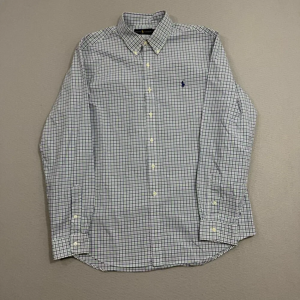 Polo Ralph Lauren Button Down Shirt Men's Extra Large White Blue Green Plaid
